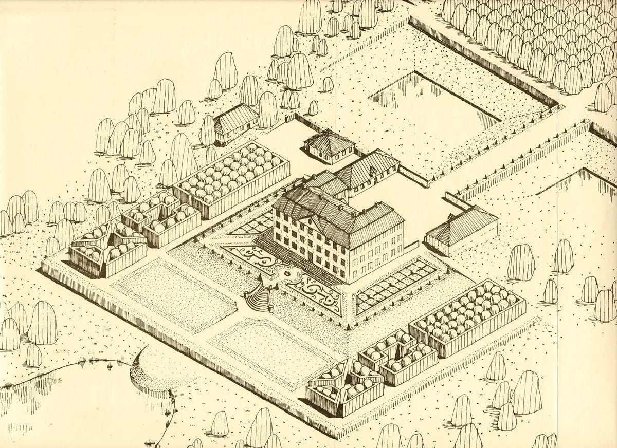 Som Christinehof kan ha sett ut på 1770-talet. Skiss ur projektarbetet Christinehofs Barockträdgård, Alnarp 1990.