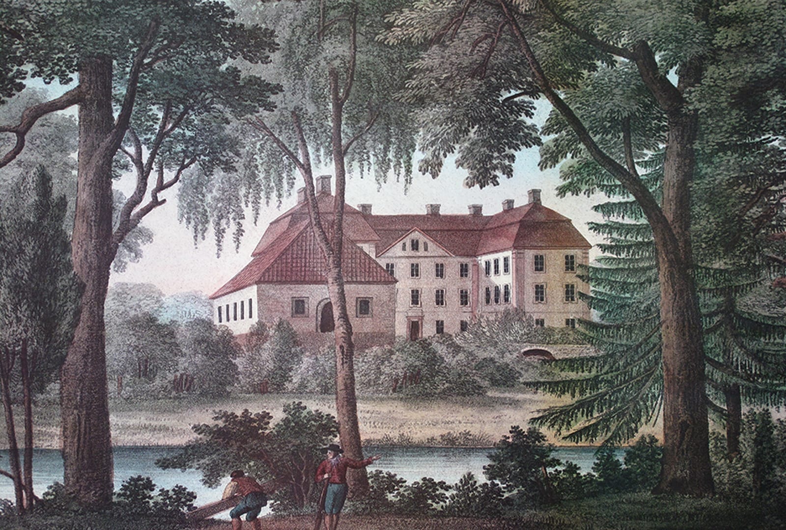 Mellan träden skymtar en av dammarna på Ulrich Thersners akvarell från ca 1817. I J.L Gillbergs bok över Christianstads län 1767 beskrivs de som fiskedammar.