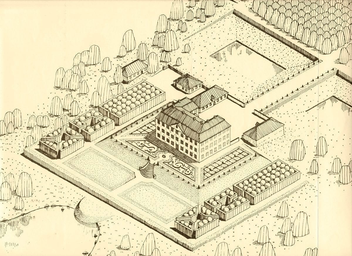 Christinehof som det kan ha gestaltat sig under 1700-talet. Teckningen ingår i projektarbetet Christinehofs barockträdgård från 1990 som utfördes av studenter vid Alnarp.