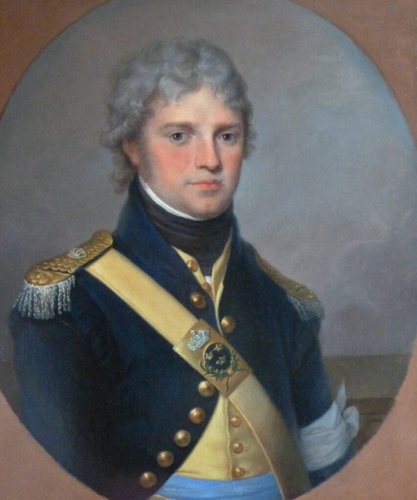 Så här såg Carl Claes ut som 30-åring, år 1800, klädd i livdrabanternas uniform. Porträttet är målat av Angelica Kauffmann