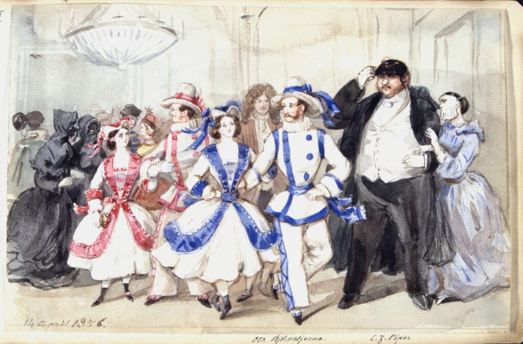 Fritz Dardels teckning nedan visar Carl Piper på maskerad i Stockholm 1856.